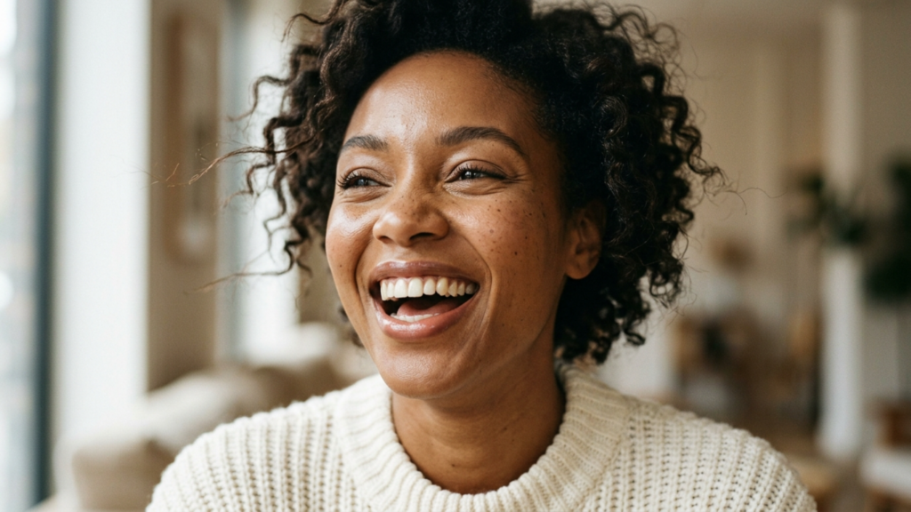 A professional, high-resolution editorial portrait captured with an 85mm prime lens, emphasizing a shallow depth of field. The image features a Black woman with natural, dark curly hair, her face illuminated by soft, natural side-lighting that highlights the warm, glowing luminescence of her skin and subtle freckles. She is captured in a moment of authentic, joyful laughter, with a relaxed posture wearing a textured cream-colored knit sweater. The shot quality is reminiscent of high-end DSLR photography, with sharp focus on the expressive eyes and mouth, while the interior background is softly blurred to maintain focus on her radiant expression, creating a warm, intimate, and inviting atmosphere.