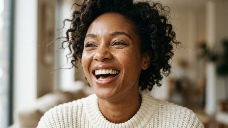 Retrato editorial profesional de alta resolución, capturado con un objetivo fijo de 85 mm, con una profundidad de campo reducida. La imagen muestra a una mujer negra con cabello rizado oscuro natural, cuyo rostro está iluminado por una suave luz lateral que resalta la cálida luminosidad de su piel y sus sutiles pecas. Se la ve en un momento de risa auténtica y alegre, con una postura relajada, vistiendo un suéter de punto texturizado color crema. La calidad de la toma recuerda a la fotografía DSLR de alta gama, con un enfoque nítido en los ojos y la boca expresivos, mientras que el fondo interior aparece suavemente desenfocado para mantener el enfoque en su radiante expresión, creando una atmósfera cálida, íntima y acogedora.
