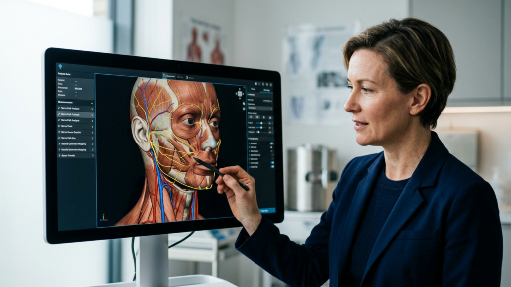 A professional editorial shot captured with a high-end 85mm prime lens on a full-frame DSLR, delivering sharp, 4K resolution clarity. The scene features a female medical professional in a sophisticated navy blazer, lit with soft, diffused clinical lighting that highlights her focused expression and the natural texture of her skin. The composition centers on a digital display showing a detailed, colorful 3D anatomical model of a human head, emphasizing the intersection of advanced technology and human medicine. The subject's posture is poised and engaged as she uses a stylus to interact with the anatomical visualization. The background, softly blurred, reflects a clean, modern, and sterile clinical environment, creating an atmosphere of precision, expertise, and luxury healthcare.