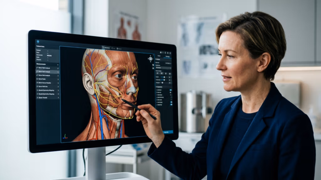 A professional editorial shot captured with a high-end 85mm prime lens on a full-frame DSLR, delivering sharp, 4K resolution clarity. The scene features a female medical professional in a sophisticated navy blazer, lit with soft, diffused clinical lighting that highlights her focused expression and the natural texture of her skin. The composition centers on a digital display showing a detailed, colorful 3D anatomical model of a human head, emphasizing the intersection of advanced technology and human medicine. The subject's posture is poised and engaged as she uses a stylus to interact with the anatomical visualization. The background, softly blurred, reflects a clean, modern, and sterile clinical environment, creating an atmosphere of precision, expertise, and luxury healthcare.