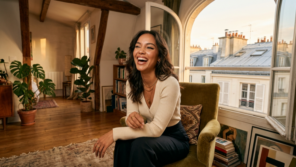 An editorial-style portrait captures a radiant young woman laughing heartily in a sun-drenched, chic Parisian apartment. Shot with an 85mm lens for a flattering, compressed perspective and cinematic DSLR quality, the image features soft, golden-hour natural light streaming through an open arched window. This warm, ambient light gently contours her facial features and illuminates her skin, which glows with a natural, healthy luminosity. She is dressed in a sophisticated, ribbed cream-colored knit top paired with dark trousers, accessorized with delicate layered gold necklaces and rings that catch the light. Her posture is relaxed yet elegant as she sits in a plush olive-green velvet armchair. The background is a beautifully curated interior, featuring exposed wooden ceiling beams, lush indoor foliage, a small library, and a view of classic zinc rooftops, evoking a luxurious, intimate, and warm lifestyle atmosphere. The depth of field is shallow, keeping the focus sharp on her expressive, joyful face while softly blurring the rich details of the room.