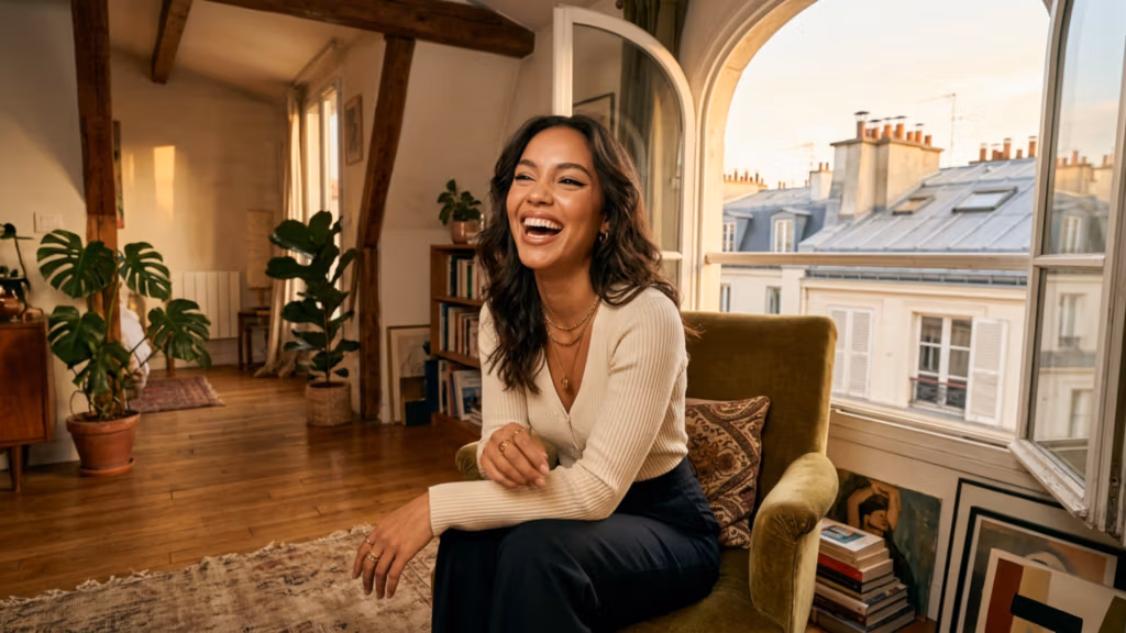 An editorial-style portrait captures a radiant young woman laughing heartily in a sun-drenched, chic Parisian apartment. Shot with an 85mm lens for a flattering, compressed perspective and cinematic DSLR quality, the image features soft, golden-hour natural light streaming through an open arched window. This warm, ambient light gently contours her facial features and illuminates her skin, which glows with a natural, healthy luminosity. She is dressed in a sophisticated, ribbed cream-colored knit top paired with dark trousers, accessorized with delicate layered gold necklaces and rings that catch the light. Her posture is relaxed yet elegant as she sits in a plush olive-green velvet armchair. The background is a beautifully curated interior, featuring exposed wooden ceiling beams, lush indoor foliage, a small library, and a view of classic zinc rooftops, evoking a luxurious, intimate, and warm lifestyle atmosphere. The depth of field is shallow, keeping the focus sharp on her expressive, joyful face while softly blurring the rich details of the room.