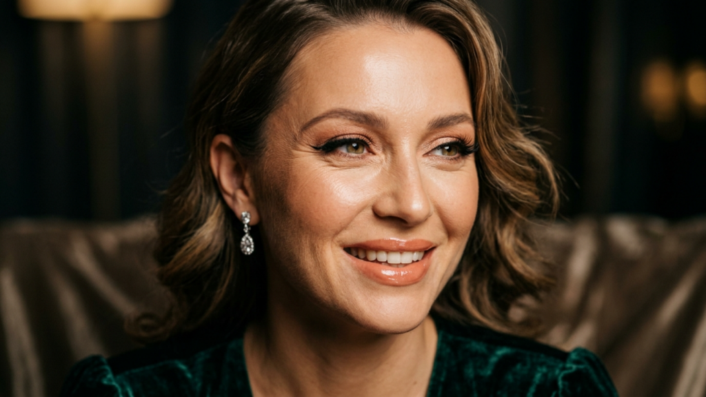 A professional, high-end editorial portrait captured with an 85mm prime lens on a full-frame DSLR, delivering exceptional 4K clarity and shallow depth of field. The subject, an elegant woman, is illuminated by soft, directional side-lighting that accentuates her facial structure and creates delicate, natural shadows. Her skin texture is rendered in hyper-realistic detail, displaying a subtle, luminous dewiness that catches the light around her cheekbones and lips, which are finished with a polished, high-shine gloss. She wears a rich, deep emerald green velvet garment that provides a luxurious tactile contrast to the smooth, warm tones of her skin. The background is a sophisticated, out-of-focus dark interior with hints of ambient warmth, evoking a refined, upscale atmosphere. A pair of classic, sparkling diamond-drop earrings adds a final touch of understated glamour to the composition.