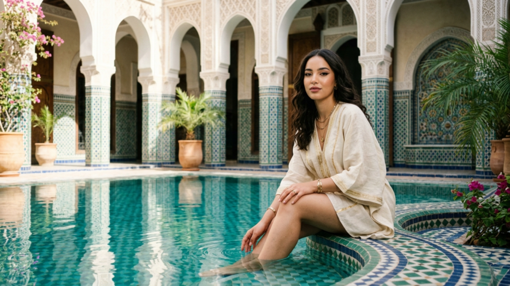 An editorial portrait captured with an 85mm prime lens on a high-resolution DSLR, showcasing a woman with graceful posture seated by a turquoise tiled pool. The composition utilizes a soft, natural daylight setup that casts gentle shadows, emphasizing her elegant features and the relaxed drape of her cream-colored linen kaftan adorned with subtle gold trim. Her skin exhibits a natural, healthy glow, complemented by minimalist gold jewelry. The background features intricate Moorish architecture with repeating archways and geometric tile patterns, evoking a luxurious, serene, and timeless atmosphere. The depth of field is shallow, drawing focus to the subject while beautifully blurring the ornate surroundings.