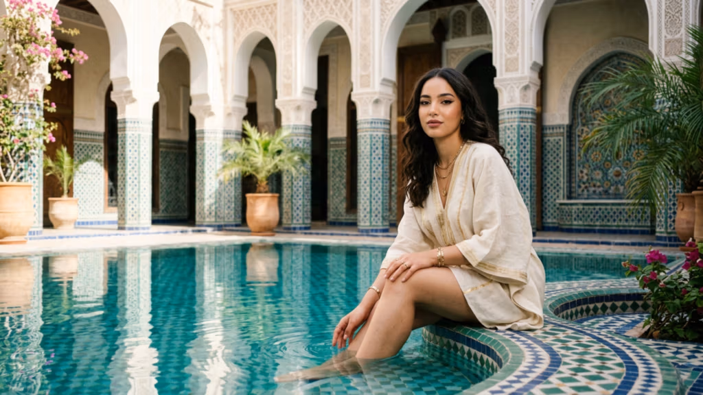 An editorial portrait captured with an 85mm prime lens on a high-resolution DSLR, showcasing a woman with graceful posture seated by a turquoise tiled pool. The composition utilizes a soft, natural daylight setup that casts gentle shadows, emphasizing her elegant features and the relaxed drape of her cream-colored linen kaftan adorned with subtle gold trim. Her skin exhibits a natural, healthy glow, complemented by minimalist gold jewelry. The background features intricate Moorish architecture with repeating archways and geometric tile patterns, evoking a luxurious, serene, and timeless atmosphere. The depth of field is shallow, drawing focus to the subject while beautifully blurring the ornate surroundings.