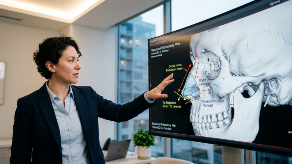 A professional medical consultation setting captured with the clarity of a high-end DSLR camera using a 50mm f/1.8 lens, which provides a crisp, shallow depth of field that keeps the focus on the subject and the digital display. A female plastic surgeon, displaying a confident and professional posture, stands in an office environment, gesturing toward a large, high-definition digital screen. The screen illustrates a complex 3D CT scan reconstruction of a human skull, detailed with structural rhinoplasty planning annotations, including dorsal hump reduction and osteotomy lines. The lighting is soft and diffused, characteristic of a contemporary clinical workspace, creating gentle highlights on the surgeon’s face and subtle shadows that emphasize her facial features and focused expression. The subject is dressed in a polished navy blazer over a light blue collared shirt, projecting an image of medical expertise and authority. The background features a blurred, expansive city view through large glass windows, contributing to a sleek, modern, and clinical aesthetic. The skin texture appears natural and clean, reflecting the balanced interior lighting, with a sharp focus on the interplay between the digital medical data and the human element of the consultation.