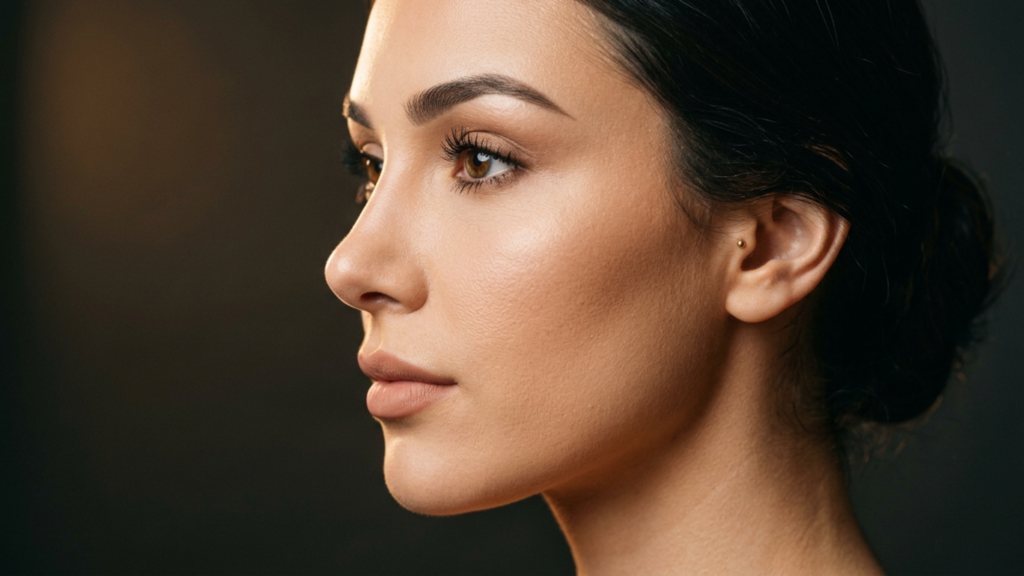 A professional, high-resolution editorial portrait shot with a sharp 85mm macro lens, capturing a female subject in a crisp, 4K DSLR style. The lighting is masterfully executed using a side-lit technique that casts dramatic, soft shadows, highlighting the architectural contours of her jawline and nose bridge. The subject displays a poised, serene profile with refined facial symmetry. Her skin texture is rendered with exquisite detail, revealing natural pores and a subtle, healthy luminescence that suggests a refined skincare finish. A small, elegant gold piercing adorns her ear, adding a touch of subtle hardware detail. The composition is a tight, artistic close-up, focusing on the subject against a clean, moody, and minimalist dark gray background that evokes a sophisticated, high-end editorial atmosphere.