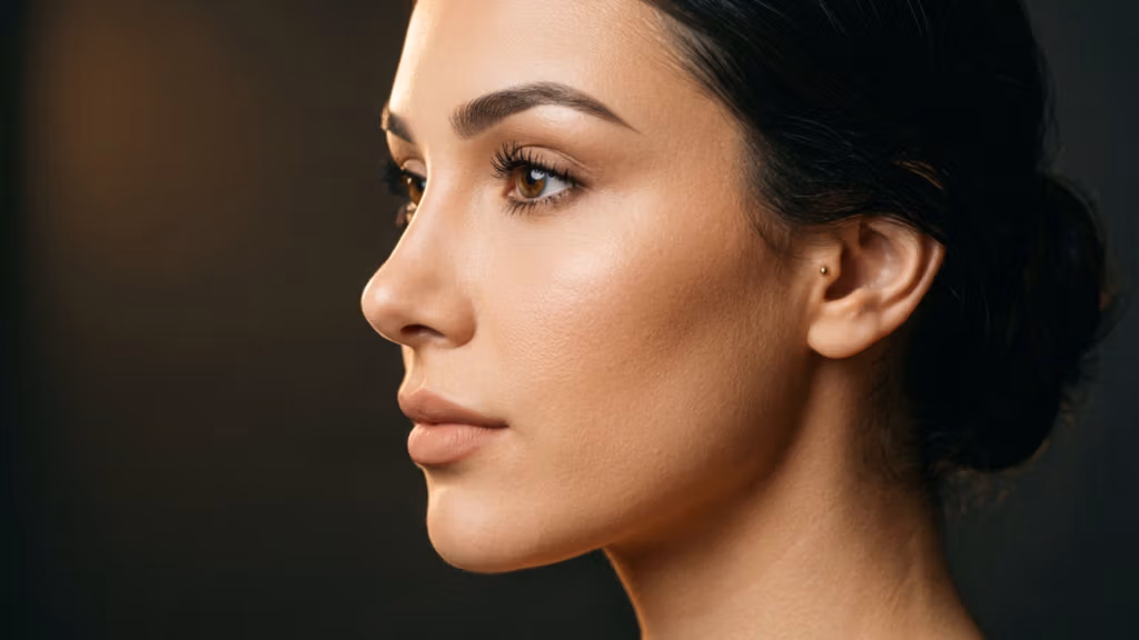 A professional, high-resolution editorial portrait shot with a sharp 85mm macro lens, capturing a female subject in a crisp, 4K DSLR style. The lighting is masterfully executed using a side-lit technique that casts dramatic, soft shadows, highlighting the architectural contours of her jawline and nose bridge. The subject displays a poised, serene profile with refined facial symmetry. Her skin texture is rendered with exquisite detail, revealing natural pores and a subtle, healthy luminescence that suggests a refined skincare finish. A small, elegant gold piercing adorns her ear, adding a touch of subtle hardware detail. The composition is a tight, artistic close-up, focusing on the subject against a clean, moody, and minimalist dark gray background that evokes a sophisticated, high-end editorial atmosphere.