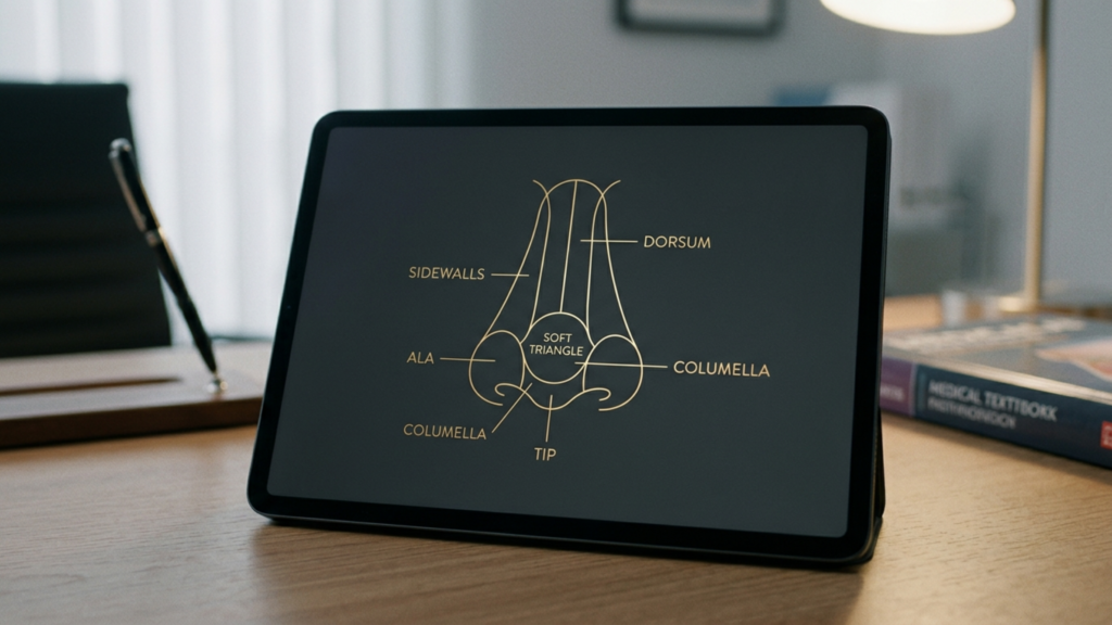 A professional, high-resolution 4K studio photograph of a digital tablet displayed on a clean wooden office desk. The shot, captured with a 50mm lens to achieve a natural field of view and crisp sharpness, focuses on a schematic diagram of human nasal anatomy rendered in elegant gold lines against a dark charcoal background. The diagram labels key anatomical structures: Dorsum, Sidewalls, Soft Triangle, Ala, Columella, and Tip. The lighting is soft and diffused, characteristic of a professional interior, creating subtle highlights on the tablet's glass surface and a shallow depth of field that gracefully blurs the background—a sleek pen stand and a medical textbook. The composition exudes a sophisticated, clinical, and high-end aesthetic, emphasizing precision, medical education, and modern professional workspace design.