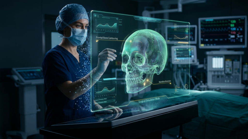 A high-definition editorial shot captured with a crisp 50mm lens, showcasing a female surgeon in a sterile operating theatre environment. The image boasts 4K clarity, rendered with the precise aesthetic of high-end DSLR photography. The lighting is dominated by the cool, bioluminescent glow emanating from a holographic 3D CT scan display, which acts as a key light, casting soft, dramatic blue-green light across the surgeon's focused profile, while the background remains in a deep, atmospheric shadow. The surgeon, wearing traditional navy blue hospital scrubs and a surgical mask, exhibits a poised, professional stance as she interacts with the interactive interface. The focus is sharp on both her steady hands and the intricate, glowing digital projection of a human skull, which highlights 'Frontal Bone Contouring' and 'Mandible Reduction' data points. The aesthetic is ultra-modern, merging clinical realism with futuristic medical technology, creating a sterile yet sophisticated atmosphere within the high-tech surgery simulation setting.