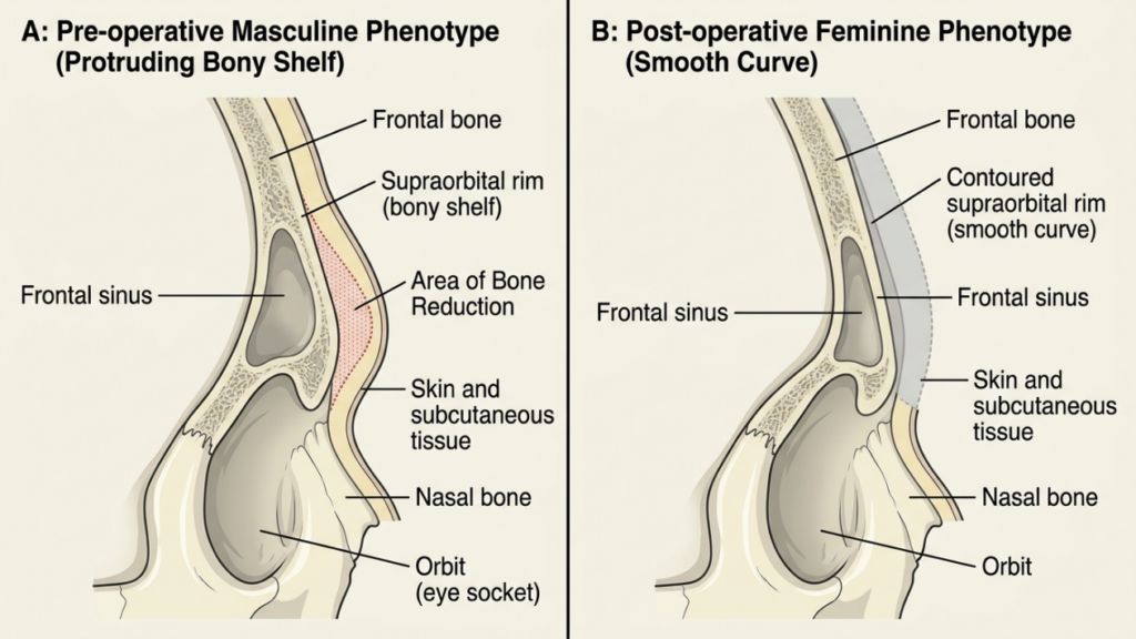 A clean, clinical medical illustration presented in a split-screen format comparing two sagittal-view cranium profiles. Side A, labeled 'Pre-operative Masculine Phenotype,' highlights a 'Protruding Bony Shelf' at the supraorbital rim with an overlay indicating an 'Area of Bone Reduction' in red. Side B, labeled 'Post-operative Feminine Phenotype,' depicts the corrected, 'Smooth Curve' profile with the supraorbital rim contoured seamlessly. The graphics use a professional, muted color palette of soft beige, slate blue, and anatomical bone tones, set against a sterile, light-cream background, typical of high-quality surgical educational materials. The focus is entirely on anatomical precision, utilizing clear labeling for structures such as the frontal bone, frontal sinus, nasal bone, and orbital socket to demonstrate surgical bone contouring.