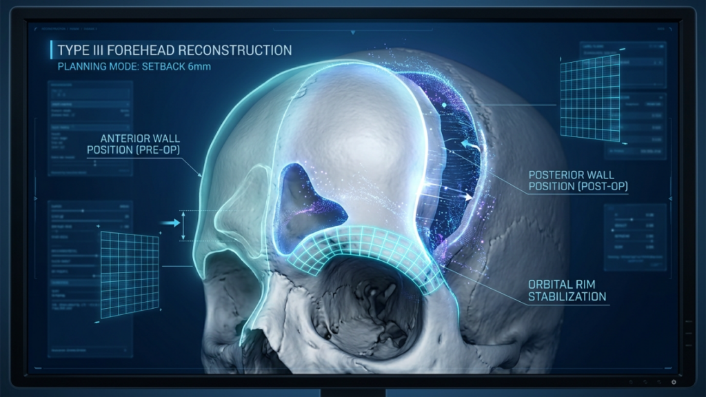 A high-tech digital interface displaying a sophisticated Type III forehead reconstruction surgical plan. The visual features a detailed 3D rendering of a human skull, captured with clinical precision as if rendered in a high-resolution 4K medical simulation. The lighting is dominated by bioluminescent-style neon cyan and deep blue data overlays, casting sharp, analytical highlights on the bone structure to emphasize specific anatomical contours. The composition mimics a clinical workstation monitor, with holographic measurement grids and textual data points floating around the skull, creating a cold, futuristic, and highly sterile aesthetic. The focus is entirely on the technical precision of the surgical setback, with digital particles and vectors illustrating the shift between the pre-operative anterior wall and the post-operative posterior wall. The overall atmosphere is one of advanced surgical precision, data-driven medical technology, and minimalist, high-end informatics.