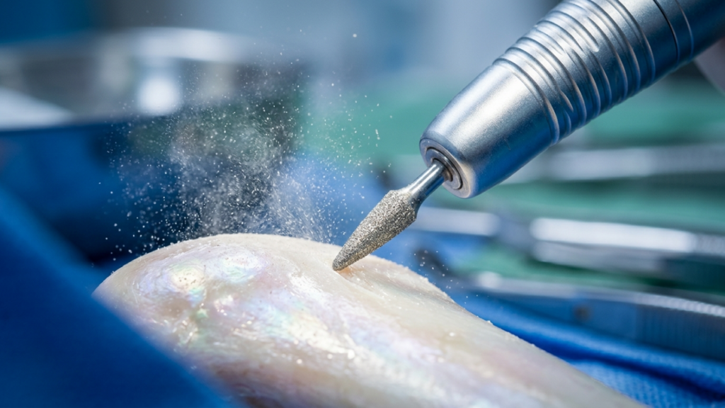 A hyper-realistic, clinical close-up captured with a 100mm macro lens, showcasing a high-precision dental or surgical handpiece in action. The focus is razor-sharp on the abrasive diamond-tipped bur as it interfaces with a pearlescent, bone-like surface, sending a fine mist of particulate matter into the air. The lighting is crisp and sterile, mimicking a high-end surgical suite with cool-toned LED illumination that highlights the metallic ridges of the handpiece and the iridescent, organic texture of the material beneath. The background consists of out-of-focus surgical instruments resting on a blue sterile drape, creating a shallow depth of field that emphasizes the industrial precision of the tool. The image quality is impeccable, equivalent to 4K DSLR professional photography, capturing the intersection of advanced technology and biological interaction with clinical clarity.