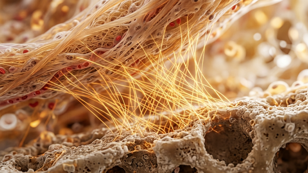 A hyper-realistic, 8k resolution microscopic medical visualization captured with a 100mm macro lens, showcasing a complex biological interface. The composition features a porous, calcified bone structure at the bottom, from which luminous, golden-filament axons or neural connections extend upward to bridge with a fibrous, vascular tissue matrix above. The lighting is cinematic and dramatic, utilizing a warm, bioluminescent glow that emphasizes the intricate textures of the cellular landscape and creates a sharp contrast against the deep, bokeh-softened background. The texture is hyper-detailed, highlighting the delicate, hair-like protein fibers, the honeycomb-like marrow pores, and the rich, organic interplay of light and shadow, evoking a sophisticated, high-tech scientific aesthetic.