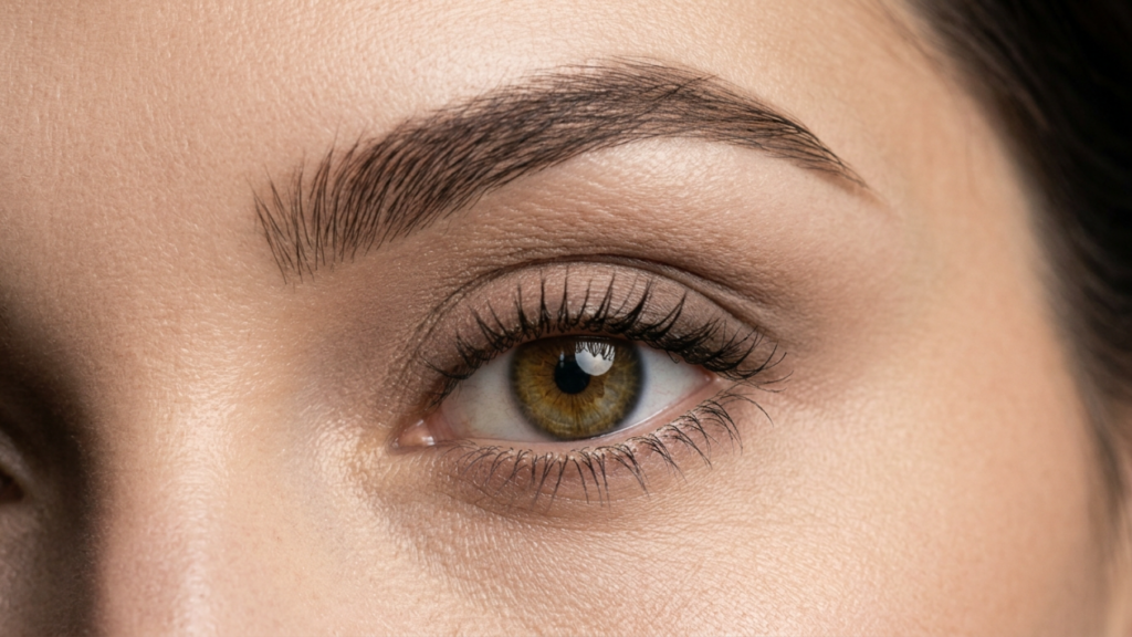 A hyper-detailed, extreme close-up macro editorial shot of a woman's eye, captured with an 85mm macro lens to achieve cinematic 4k DSLR-quality resolution. The lighting is soft and diffused, highlighting the complex, golden-hazel iris with intricate radial patterns and a sharp specular highlight reflecting the studio light. The skin texture is rendered in hyper-real detail, showcasing subtle pores, fine peach fuzz, and natural luminescence without heavy filtration. The eyebrow is groomed with individual hairs clearly defined, and the eyelashes are lightly coated with mascara, casting delicate shadows. The composition focuses entirely on the ocular anatomy, creating an intimate, high-fashion atmosphere characterized by clean, neutral tones and precise, professional focus.