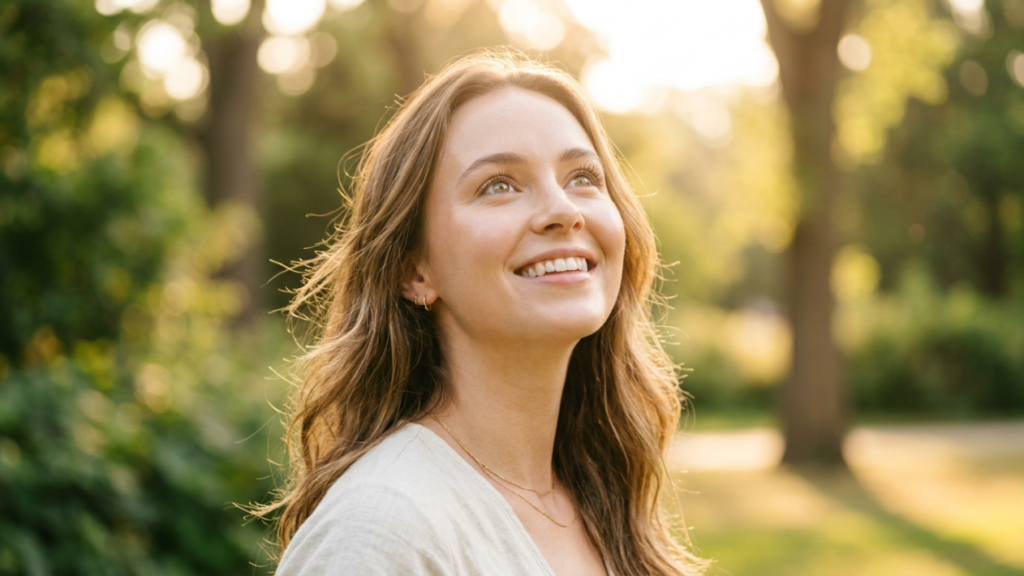 A high-end editorial portrait captured with an 85mm f/1.4 lens, utilizing DSLR photography techniques to achieve a shallow depth of field. The subject, a young woman with a serene expression, is illuminated by natural golden hour sunlight that highlights her facial features with a soft, warm glow, creating subtle, flattering contours. Her skin texture is natural and luminous, radiating health. She is wearing a simple, textured beige top with a delicate gold chain necklace. The composition is a medium close-up, focusing on her uplifted face, set against a softly blurred, bokeh-rich background of lush green trees in a park, evoking a tranquil, optimistic, and ethereal atmosphere.
