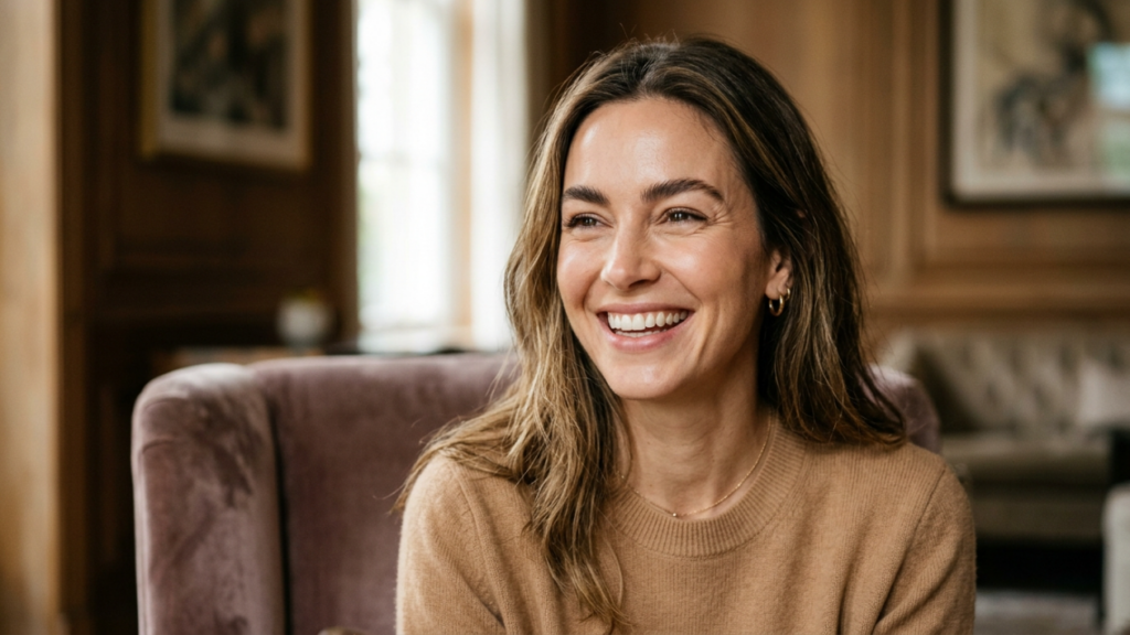 A professional, high-resolution DSLR portrait of a radiant woman captured with an 85mm prime lens, creating a shallow depth of field that beautifully blurs the sophisticated, wood-paneled interior background. The lighting is soft and natural, emanating from the side to gently contour her features and highlight a genuine, joyful expression. Her complexion is luminous and healthy, with a natural, dewy texture that catches the light. She is dressed in a cozy, high-quality camel-colored knit sweater, paired with subtle gold hoop earrings and a delicate chain necklace, exuding an aura of effortless elegance and warmth. The composition is intimate and focused, emphasizing her approachable charm within a refined, classic setting.