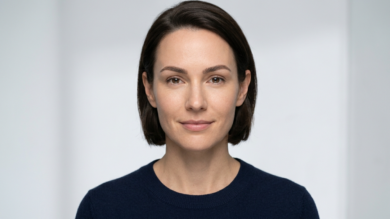 This high-resolution editorial portrait captures a woman with a serene expression, rendered with the precision of professional DSLR photography. Shot with a sharp, medium-telephoto lens—likely an 85mm—the image prioritizes subject clarity, isolating the subject from a clean, minimalist studio background. The lighting is soft and diffused, creating a flattering, even illumination across the face that minimizes harsh shadows while accentuating the natural, healthy skin texture and balanced facial features. The subject’s skin exhibits a natural, matte-like finish with lifelike micro-details, emphasizing a polished and professional aesthetic. She is wearing a minimalist, dark navy blue knit sweater with a fine-gauge texture, providing a subtle contrast against the high-key, neutral backdrop. The composition is a classic, centered head-and-shoulders portrait, conveying a sense of sophistication, accessibility, and calm confidence.