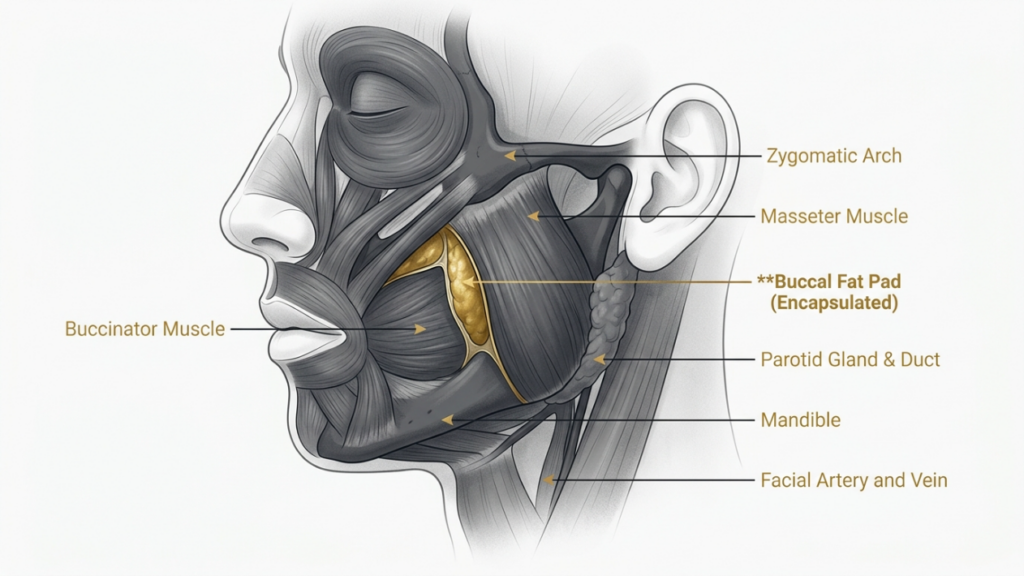 A high-resolution, clinical medical illustration of the human lateral facial anatomy, rendered with the precision of a 4k DSLR macro photography study. The image features a grayscale profile of a human head, utilizing clean, vector-style lines and subtle shading to delineate complex facial structures. The lighting is clinical and uniform, emphasizing educational clarity rather than dramatic shadows, allowing for precise identification of anatomical features. The focal point is the encapsulated Buccal Fat Pad, highlighted in a distinct, textured golden-yellow hue to contrast against the monochromatic muscle groups, such as the Masseter and Buccinator. Anatomical labels are cleanly integrated using thin, precise lines, indicating the Zygomatic Arch, Parotid Gland and Duct, Mandible, and the Facial Artery and Vein. The composition is minimalist and instructional, set against a pristine white background, evoking the aesthetic of a premium medical textbook or a high-end surgical planning atlas. There is no texture of skin or fabric; rather, it is a masterclass in clean, informative medical visualization.