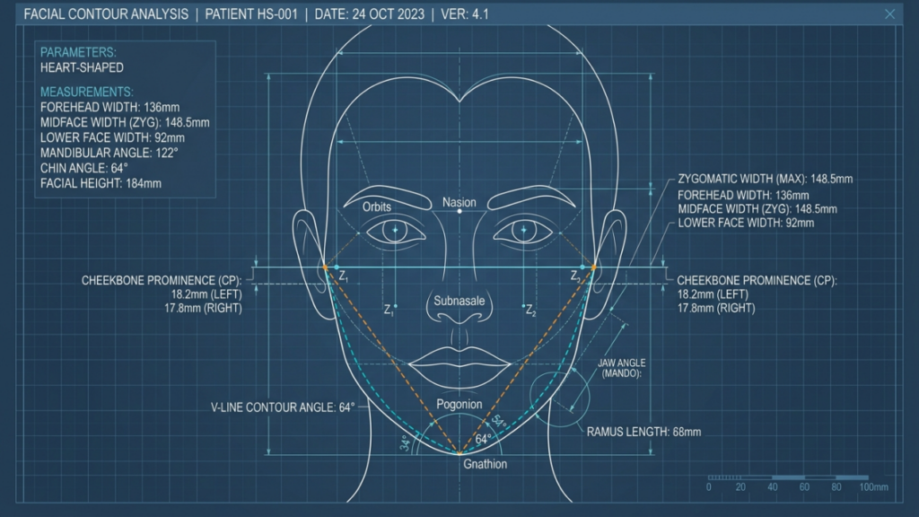 A clinical, digital aesthetic analysis graphic titled 'FACIAL CONTOUR ANALYSIS' presented against a professional, dark blue architectural grid background. The image features a white-lined schematic of a human face with precise anatomical measurements, including facial height, mandibular angles, and cheekbone prominence, styled with a sophisticated, high-tech diagnostic interface. The visual language conveys clinical precision, medical-grade documentation, and data-driven beauty metrics.