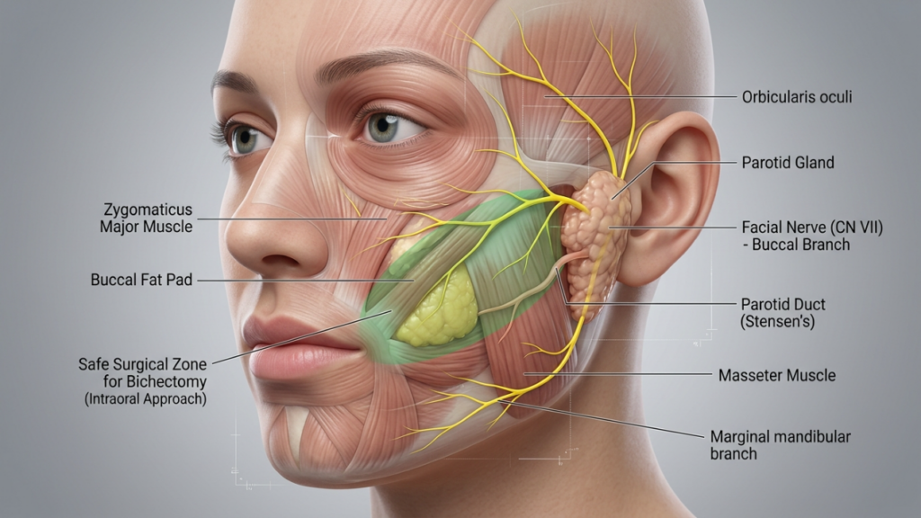 A high-resolution, medical-grade 3D anatomical illustration captured with the clarity of a 100mm macro lens, presenting a clinical yet polished study of human facial anatomy. The composition features a female profile with a soft, neutral lighting scheme that ensures optimal visibility of deep-tissue structures. The skin has a smooth, realistic, non-reflective texture, facilitating a clear view of the underlying musculature and neural pathways. Anatomical elements such as the Buccal Fat Pad, Zygomaticus Major Muscle, and the intricate branches of the facial nerve are rendered in distinct, color-coded hues against a clean, minimalist grey background. The image serves as a precise medical reference, avoiding any apparel or complex textures, focusing entirely on the technical illustration of a safe surgical zone for bichectomy. The overall aesthetic is professional, scholarly, and clean, devoid of dramatic shadows or noir elements, favoring objective scientific clarity.