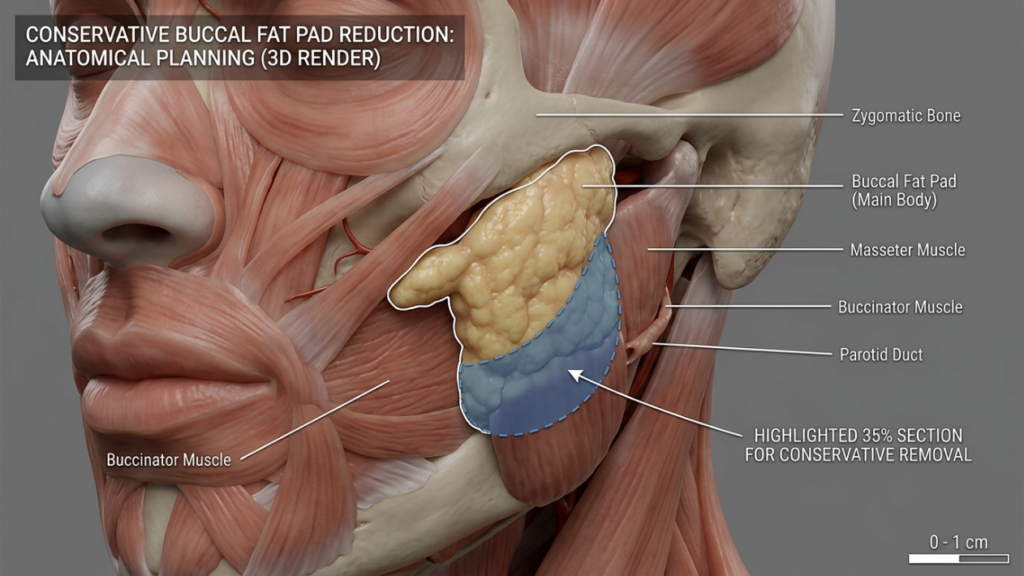 A highly detailed 3D medical anatomical render focusing on the facial structure, specifically illustrating a conservative buccal fat pad reduction. The composition utilizes a clinical macro-perspective, simulating a 100mm medical-grade lens with high-fidelity 8K resolution, capturing the intricate textures of muscle fibers, bone, and adipose tissue. The lighting is neutral and studio-diffused to ensure optimal clarity for surgical planning, eliminating harsh shadows while providing enough depth to distinguish between the Zygomatic bone, Masseter and Buccinator muscles, and the Parotid duct. The central visual focus is an isolated, highlighted section of the buccal fat pad, with a specific 35% portion marked in a translucent blue overlay for surgical removal. The color palette is sterile and pedagogical, contrasting the warm, fleshy tones of the anatomical structures against a uniform, neutral grey background, typical of professional surgical planning software. The image includes precise clinical annotations and a scale bar, emphasizing technical precision and scientific accuracy.