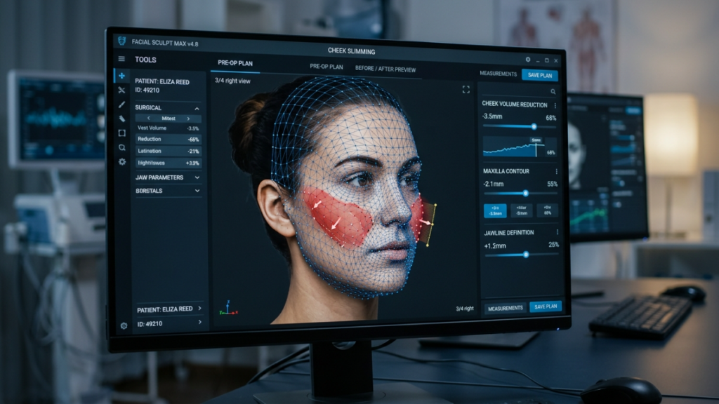 A high-resolution, professional editorial shot capturing a clinical workstation monitor displaying 'FACIAL SCULPT MAX v4.8' software. The screen features a detailed 3D digital wireframe mesh superimposed over a female patient's profile in a 3/4 right view. The software interface highlights cheek volume reduction areas in vivid red, accompanied by precise numerical data and surgical adjustment parameters like 'Maxilla Contour' and 'Jawline Definition.' The image quality mimics a sharp 4K DSLR capture, utilizing a shallow depth of field that renders the background—a sterile, softly-lit modern medical office—in a subtle, cinematic blur. The cool-toned digital aesthetic is balanced by the sharp, crisp illumination of the monitor, which casts a controlled, technical glow onto the workspace, emphasizing a marriage of advanced computational aesthetics and modern aesthetic surgery precision.