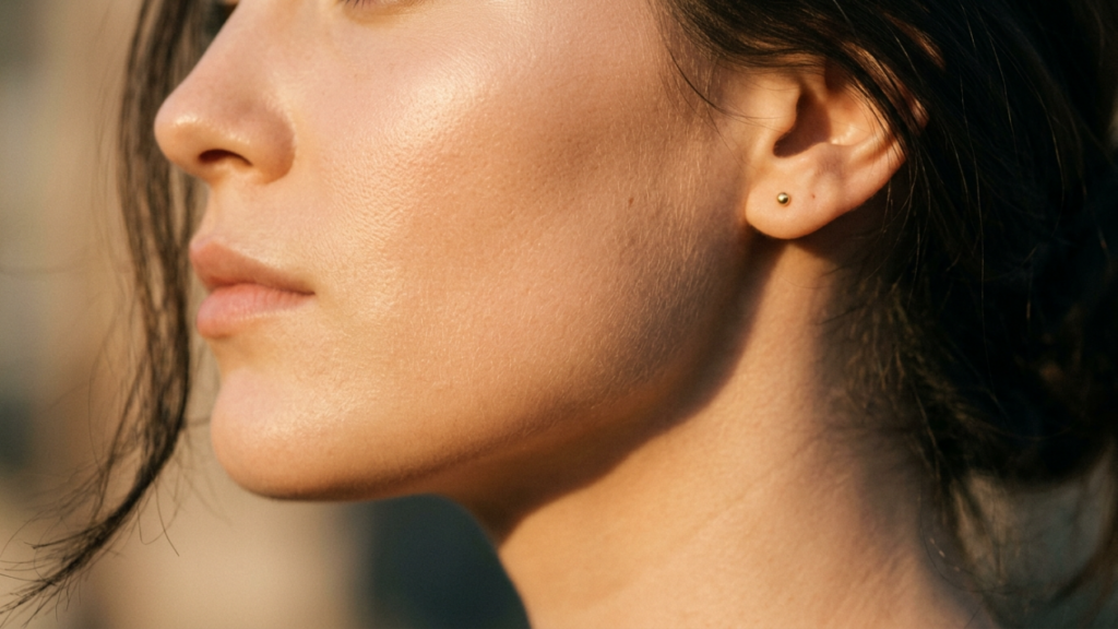A high-fidelity editorial close-up portrait of a woman in profile, captured with an 85mm macro lens to emphasize the skin's natural texture and subtle luminescence. The composition utilizes cinematic golden-hour side lighting, casting delicate, warm shadows that accentuate the refined bone structure of her jawline and cheekbones. Her complexion displays a healthy, natural hydration with visible pores and fine peach fuzz, rendered with DSLR-level detail. A minimalist gold stud earring catches the light, providing a subtle touch of elegance. The focus is razor-sharp on the facial features, while a soft-focus, out-of-focus background creates a serene, high-end atmosphere that prioritizes the organic beauty of the subject.