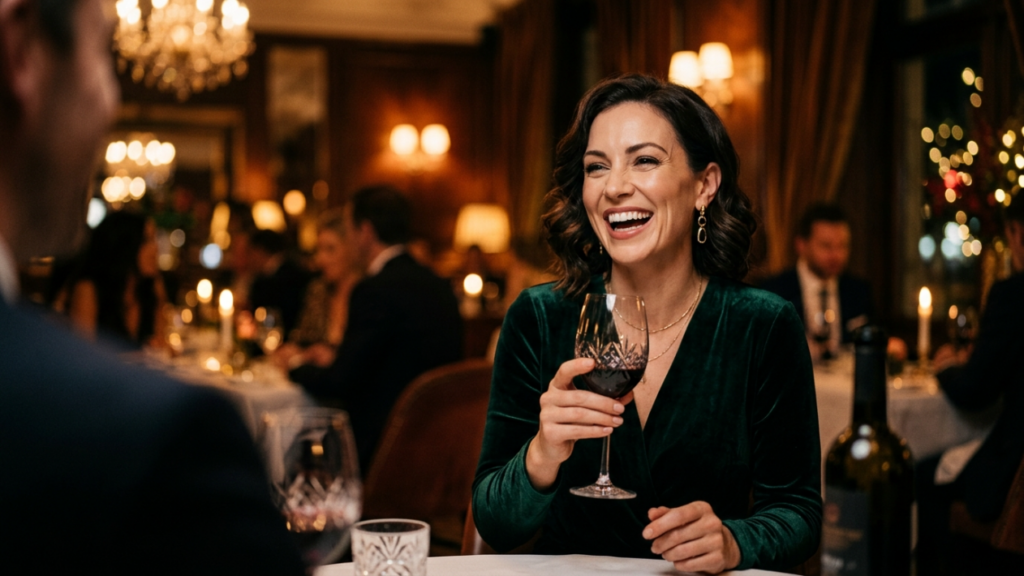 A high-resolution, editorial-style photograph captured with a portrait lens (likely 85mm) that emphasizes the subject's radiant expression and elegant presence. The image exhibits a cinematic depth of field, typical of professional DSLR photography, focusing sharply on a middle-aged woman with a joyful, authentic smile as she holds a wine glass. The lighting is warm and ambient, characteristic of an upscale, dimly lit restaurant; it creates a soft, flattering glow on her face and accentuates the luxurious texture of her deep emerald-green velvet V-neck dress, which features subtle, shimmering highlights from the room's chandeliers. Her skin appears natural and well-moisturized, catching the ambient light to create a healthy, soft luminescence. She is adorned with delicate gold-toned jewelry, including dangling earrings and a fine chain necklace, which add a refined finish. The background is a beautifully blurred, sophisticated dining atmosphere with bokeh highlights from candles and chandeliers, creating an inviting, intimate, and upscale mood. The composition is balanced and engaging, centered on the subject's connection with an out-of-focus partner in the foreground, evoking a narrative of a glamorous and heartfelt evening.