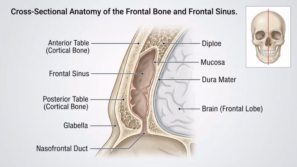 A clean, professional medical illustration depicting a sagittal cross-sectional view of the human frontal bone and frontal sinus. The diagram clearly labels anatomical structures including the anterior and posterior tables of cortical bone, the frontal sinus cavity lined with mucosa, the diploe, the dura mater, the frontal lobe of the brain, the glabella, and the nasofrontal duct. An inset in the upper right corner displays a frontal view of a human skull with a red line indicating the plane of the cross-section. The aesthetic is clinical, highly detailed, and educational, rendered with soft lighting and neutral tones suitable for medical documentation.