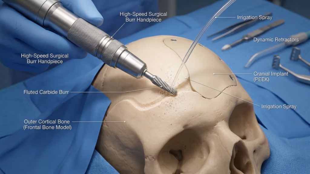 This medical illustration, rendered with the precision of a high-end 4K DSLR photograph, captures a cranioplasty procedure using a 100mm macro lens to emphasize clinical detail. The composition centers on a high-speed surgical burr handpiece, held by a gloved hand, as it meticulously contours the frontal bone of a cranial model. The lighting is clinical and uniform, typical of an operating theater, casting soft, functional shadows that define the anatomical structure of the skull and the texture of the PEEK cranial implant. The shot showcases an array of surgical instruments—dynamic retractors and an irrigation spray line—against a stark, sterile blue surgical drape. The aesthetic is profoundly technical, prioritizing clarity and sterility, with the micro-particles of bone dust highlighted by the sharp focus and cool, professional color palette.