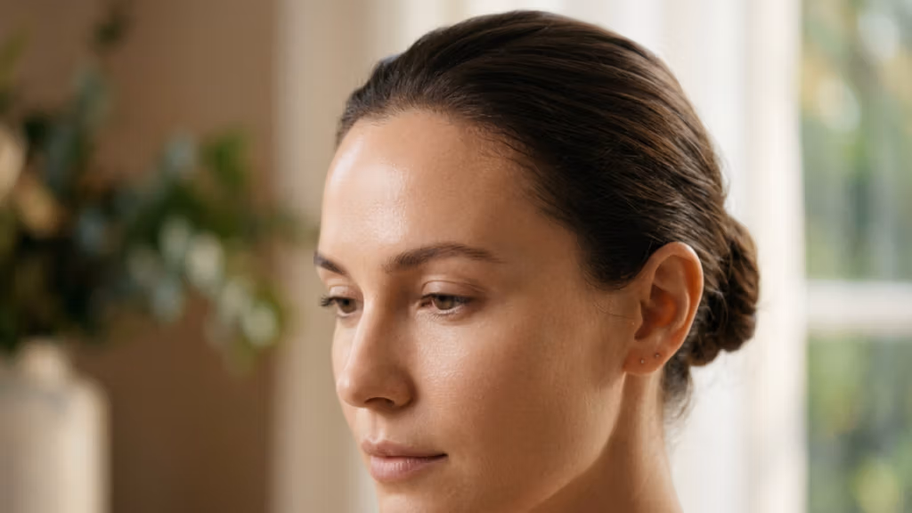 A high-resolution, professional editorial portrait captured with an 85mm prime lens, exhibiting the hallmark shallow depth of field of DSLR photography. The composition centers on a young woman's serene, three-quarter profile, rendered with exquisite clarity. Soft, natural light cascades from the side, delicately sculpting the contours of her face and highlighting the fine, natural texture of her skin, which radiates a healthy, dewy luminescence. Her hair is pulled back in a clean, sophisticated bun, emphasizing the elegant structure of her jawline and neck. The background is a beautifully blurred, warm-toned interior, suggesting a refined, minimalist aesthetic. The overall mood is one of quiet contemplation and organic beauty, characterized by sharp focus on the facial features contrasted against an ethereal, out-of-focus soft-light environment.