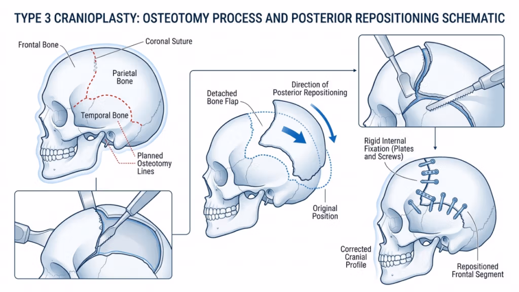 A professional medical illustration depicting a Type 3 Cranioplasty procedure. The graphic uses a clean, technical aesthetic with cool-toned blue and white color palettes, resembling a high-resolution 4k medical schematic. The composition flows linearly, showcasing the skull anatomy with clear, precise line work. It details the planned osteotomy lines on the frontal and parietal bones, illustrates the surgical saw and instrument usage during the bone flap detachment, and demonstrates the posterior repositioning of the segment, concluding with the application of rigid internal fixation plates and screws to secure the corrected cranial profile. The background is a minimalist, professional white, emphasizing clarity and surgical precision in a clinical educational context.