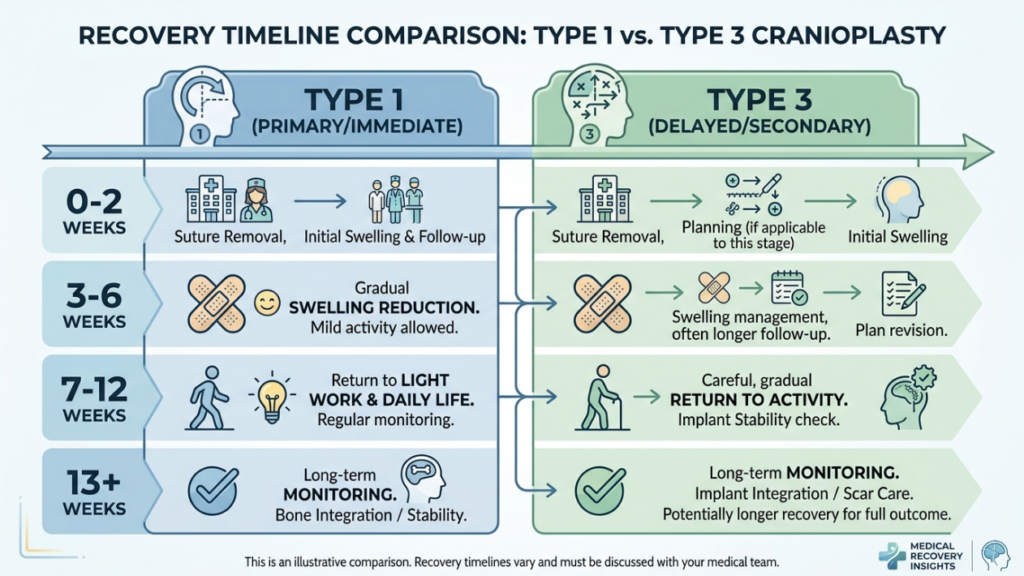 A clinical medical infographic titled 'Recovery Timeline Comparison: Type 1 vs. Type 3 Cranioplasty.' The chart contrasts two recovery paths across four time intervals (0-2 weeks, 3-6 weeks, 7-12 weeks, and 13+ weeks) using a clean, professional vector illustration style with a soft blue and green color palette. The 'Type 1 (Primary/Immediate)' side displays a streamlined recovery path with simple icons representing medical follow-ups, swelling reduction, light activity, and long-term bone integration. The 'Type 3 (Delayed/Secondary)' side shows a more complex process including specific planning, intensive swelling management, and implant stability checks. The layout is structured as a clear, comparative process flow, emphasizing educational clarity with minimalist icons and legible, sans-serif typography on a light gray background, concluding with a medical disclaimer at the bottom.