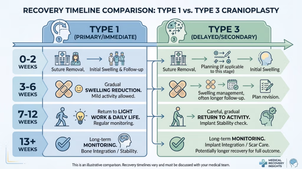 A clinical medical infographic titled 'Recovery Timeline Comparison: Type 1 vs. Type 3 Cranioplasty.' The chart contrasts two recovery paths across four time intervals (0-2 weeks, 3-6 weeks, 7-12 weeks, and 13+ weeks) using a clean, professional vector illustration style with a soft blue and green color palette. The 'Type 1 (Primary/Immediate)' side displays a streamlined recovery path with simple icons representing medical follow-ups, swelling reduction, light activity, and long-term bone integration. The 'Type 3 (Delayed/Secondary)' side shows a more complex process including specific planning, intensive swelling management, and implant stability checks. The layout is structured as a clear, comparative process flow, emphasizing educational clarity with minimalist icons and legible, sans-serif typography on a light gray background, concluding with a medical disclaimer at the bottom.