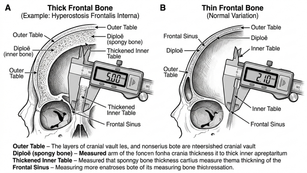 A detailed medical illustration comparing cranial bone thickness, presented in two side-by-side diagrams (A and B). Diagram A depicts a 'Thick Frontal Bone' condition, such as Hyperostosis Frontalis Interna, while Diagram B displays a 'Thin Frontal Bone' as a normal variation. Both diagrams feature a cross-sectional view of the skull, highlighting the outer table, diploë (spongy bone), inner table, and frontal sinus. A digital caliper is illustrated measuring the thickness of the bone structure in each example, showing distinct readings of 5.00mm and 2.10mm, respectively. The technical aesthetic is clean, clinical, and precise, utilizing high-contrast black-and-white line art typical of professional medical textbook diagrams to emphasize anatomical structures and diagnostic measurements.