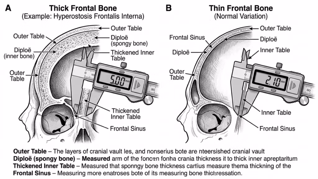 A detailed medical illustration comparing cranial bone thickness, presented in two side-by-side diagrams (A and B). Diagram A depicts a 'Thick Frontal Bone' condition, such as Hyperostosis Frontalis Interna, while Diagram B displays a 'Thin Frontal Bone' as a normal variation. Both diagrams feature a cross-sectional view of the skull, highlighting the outer table, diploë (spongy bone), inner table, and frontal sinus. A digital caliper is illustrated measuring the thickness of the bone structure in each example, showing distinct readings of 5.00mm and 2.10mm, respectively. The technical aesthetic is clean, clinical, and precise, utilizing high-contrast black-and-white line art typical of professional medical textbook diagrams to emphasize anatomical structures and diagnostic measurements.