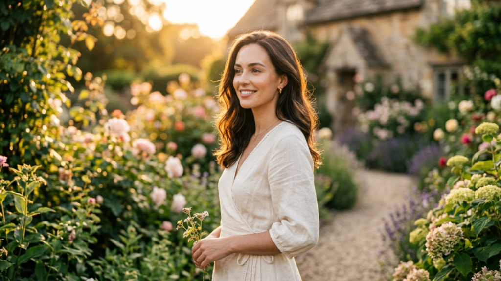 Captured with the crisp precision of an 85mm prime lens on a high-resolution DSLR, this editorial portrait radiates a serene, timeless elegance. The lighting is masterfully executed through a warm, golden-hour backlight that creates a soft, ethereal rim light around the subject’s silhouette, highlighting her features with a natural, diffused glow while maintaining a gentle softness on her skin. The woman, with her poised posture and refined features, wears a minimalist, wrap-style dress crafted from textured, lightweight linen in an off-white hue, suggesting effortless sophistication. Her skin appears luminous and hydrated, catching the amber light in a way that emphasizes a healthy, natural complexion. The composition places the subject in a lush, blooming English garden, with a shallow depth of field that renders the vibrant roses and distant cottage in a creamy, painterly bokeh. This blend of romantic pastoral aesthetics and high-end photographic technique evokes a sense of tranquil luxury and pastoral serenity.