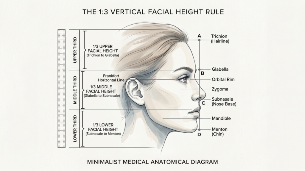 A professional, minimalist medical anatomical diagram illustrating 'The 1:3 Vertical Facial Height Rule.' The image features a clean, high-resolution line-art illustration of a female profile, executed in a sophisticated sketch style with subtle grey-tone shading. The composition is structured as a technical medical infographic against a crisp, off-white background. Precise, thin technical lines and annotated markers clearly delineate the facial proportions: the upper third (Trichion to Glabella), the middle third (Glabella to Subnasale), and the lower third (Subnasale to Menton). A vertical measurement scale is placed on the left, while distinct labeling identifies anatomical landmarks such as the Orbital Rim, Zygoma, Mandible, and Menton, with a reference to the Frankfort Horizontal Line. The aesthetic is academic, clinical, and precise, functioning as a high-end educational tool for plastic surgery or facial aesthetics.