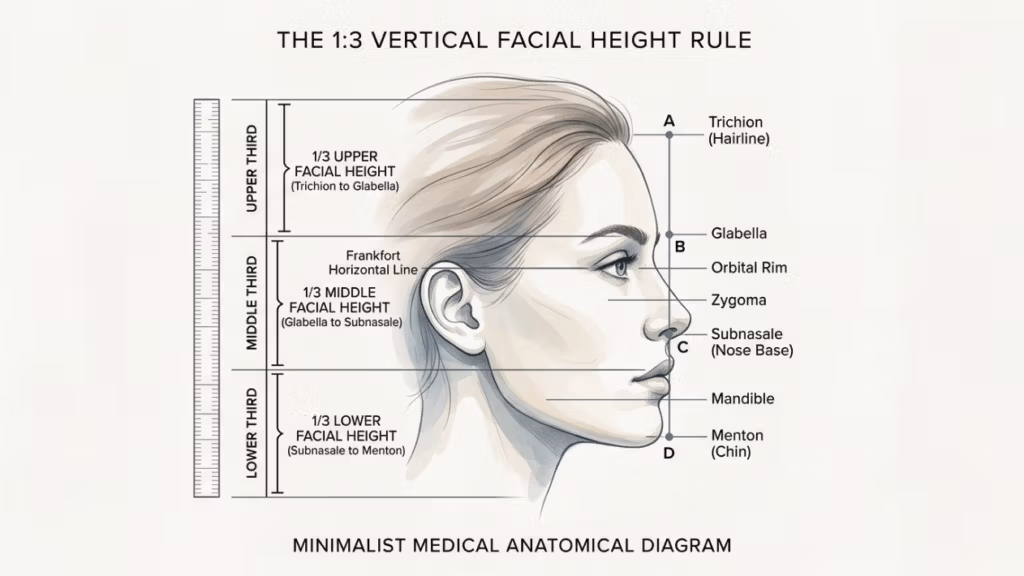 A professional, minimalist medical anatomical diagram illustrating 'The 1:3 Vertical Facial Height Rule.' The image features a clean, high-resolution line-art illustration of a female profile, executed in a sophisticated sketch style with subtle grey-tone shading. The composition is structured as a technical medical infographic against a crisp, off-white background. Precise, thin technical lines and annotated markers clearly delineate the facial proportions: the upper third (Trichion to Glabella), the middle third (Glabella to Subnasale), and the lower third (Subnasale to Menton). A vertical measurement scale is placed on the left, while distinct labeling identifies anatomical landmarks such as the Orbital Rim, Zygoma, Mandible, and Menton, with a reference to the Frankfort Horizontal Line. The aesthetic is academic, clinical, and precise, functioning as a high-end educational tool for plastic surgery or facial aesthetics.