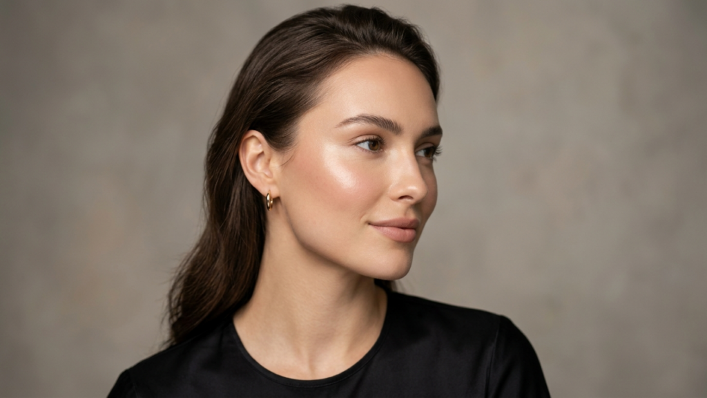 A professional high-end beauty editorial portrait captured with an 85mm prime lens, delivering exquisite DSLR-quality clarity and a shallow depth of field that isolates the subject. The lighting is soft and directional, emanating from the side to create subtle, flattering shadows that sculpt the subject's refined facial structure and highlight her elegant jawline. The subject is a woman with poised, classical features, exuding a serene and confident aura. Her skin displays a luminous, dewy texture with a natural, hydrated glow that catches the light beautifully on the cheekbones and bridge of the nose. She wears a minimalist black top crafted from high-quality, smooth fabric, complemented by simple, sophisticated gold hoop earrings. The composition is a clean, waist-up shot set against a soft-focus, neutral grey studio background, evoking an atmosphere of understated luxury and timeless elegance.