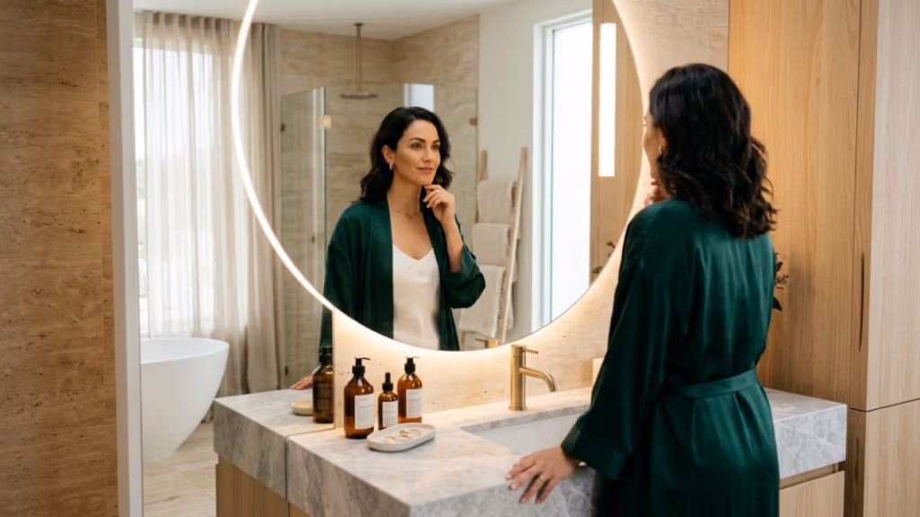 An editorial-style shot captured with high-fidelity DSLR photography, likely utilizing a 35mm or 50mm prime lens to achieve a balanced, life-like perspective. The composition centers on a woman gazing at her reflection in a circular, backlit vanity mirror. The lighting is sophisticated and soft, provided by the halo of the mirror, which casts a warm, ethereal glow on her face, highlighting her poised expression and graceful posture. The woman, with her dark hair cascading naturally, exudes refined elegance, wearing a luxurious, deep emerald-green satin robe over a simple white silk camisole. The texture of the satin captures subtle, rich highlights, while her skin possesses a soft, hydrated luminescence. The surrounding environment is a modern, high-end bathroom featuring minimalist travertine tiles, a marble vanity countertop, and warm wood accents, evoking a serene and opulent atmosphere. The focus is sharp on her reflected visage, blending intimacy with professional editorial polish.