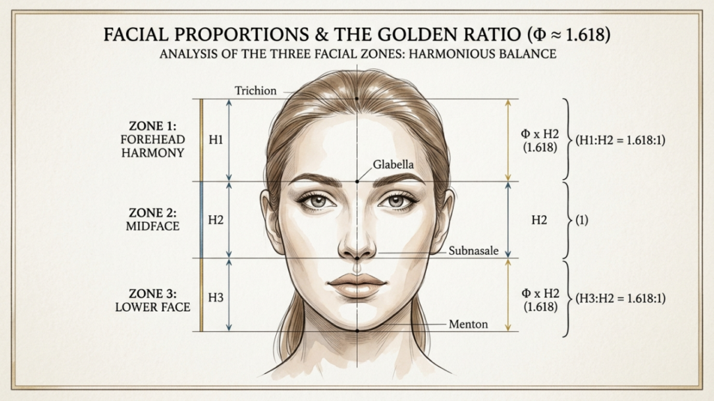A high-resolution, professional educational diagram titled 'FACIAL PROPORTIONS & THE GOLDEN RATIO (Φ ≈ 1.618)'. The image features a centered, artistically rendered illustration of a woman's face, utilizing precise line-art style reminiscent of clinical aesthetics photography. The composition is highly structured, using clean, technical annotations to divide the face into three horizontal zones (Zone 1: Forehead, Zone 2: Midface, Zone 3: Lower Face) to demonstrate harmonious balance. The lighting is neutral, flat, and clinical, typical of high-end medical or dermatological graphics, ensuring absolute clarity. The background is a soft, textured off-white parchment, creating an academic, authoritative atmosphere. The focal point is the geometric precision of the facial landmarks—Trichion, Glabella, Subnasale, and Menton—highlighted with elegant typography and mathematical ratios that emphasize ideal aesthetic proportions. No human texture or fabric is present; this is a pure, conceptual graphic analysis.