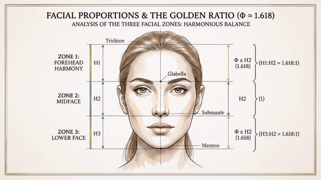 A high-resolution, professional educational diagram titled 'FACIAL PROPORTIONS & THE GOLDEN RATIO (Φ ≈ 1.618)'. The image features a centered, artistically rendered illustration of a woman's face, utilizing precise line-art style reminiscent of clinical aesthetics photography. The composition is highly structured, using clean, technical annotations to divide the face into three horizontal zones (Zone 1: Forehead, Zone 2: Midface, Zone 3: Lower Face) to demonstrate harmonious balance. The lighting is neutral, flat, and clinical, typical of high-end medical or dermatological graphics, ensuring absolute clarity. The background is a soft, textured off-white parchment, creating an academic, authoritative atmosphere. The focal point is the geometric precision of the facial landmarks—Trichion, Glabella, Subnasale, and Menton—highlighted with elegant typography and mathematical ratios that emphasize ideal aesthetic proportions. No human texture or fabric is present; this is a pure, conceptual graphic analysis.