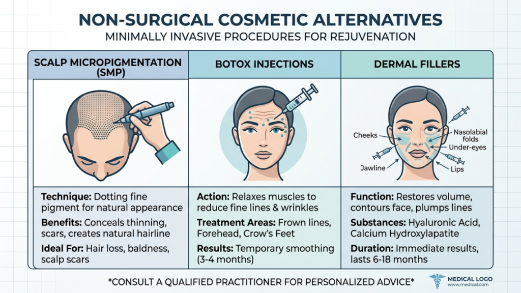 An educational infographic titled 'NON-SURGICAL COSMETIC ALTERNATIVES' presented with a clean, clinical aesthetic. The digital illustration is divided into three sections: Scalp Micropigmentation (SMP) showing a top-down view of a scalp being treated, Botox Injections demonstrating facial injection sites, and Dermal Fillers mapping specific areas like cheeks, jawline, and nasolabial folds. The overall composition is a flat-design graphic with a professional medical color palette of soft blues and teals, featuring clear typography and precise vector-style iconography, optimized for a clinical and informative presentation.