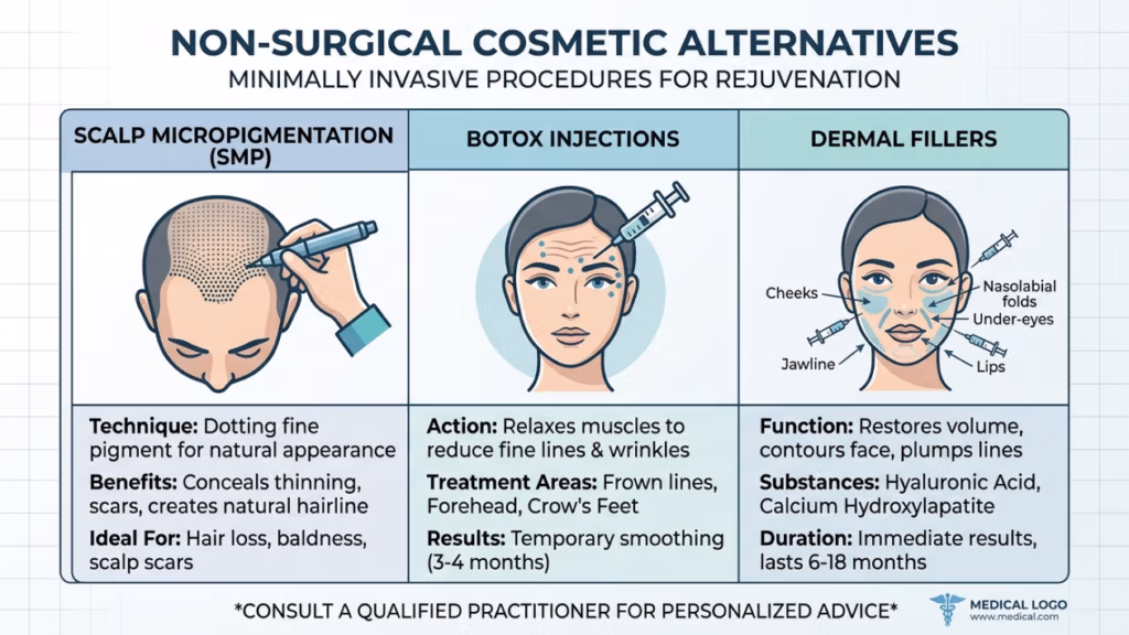 An educational infographic titled 'NON-SURGICAL COSMETIC ALTERNATIVES' presented with a clean, clinical aesthetic. The digital illustration is divided into three sections: Scalp Micropigmentation (SMP) showing a top-down view of a scalp being treated, Botox Injections demonstrating facial injection sites, and Dermal Fillers mapping specific areas like cheeks, jawline, and nasolabial folds. The overall composition is a flat-design graphic with a professional medical color palette of soft blues and teals, featuring clear typography and precise vector-style iconography, optimized for a clinical and informative presentation.