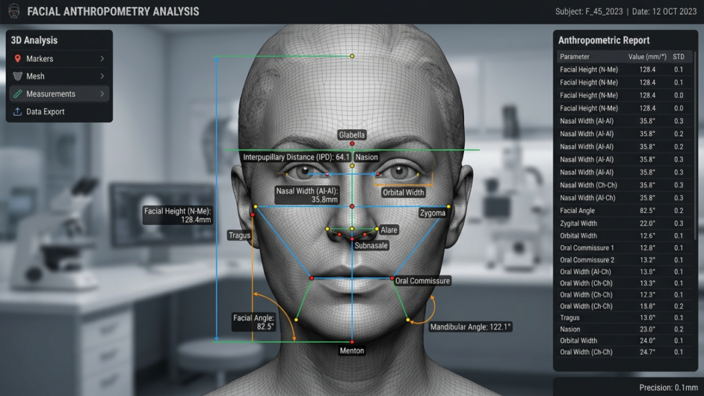 A high-resolution, digital editorial visualization of a facial anthropometry analysis interface. The central focus is a hyper-realistic 3D wireframe model of a female face, rendered with clinical precision. The composition mimics a professional medical or forensic analysis workstation, captured as if by a high-end 85mm macro lens, showcasing extreme detail in the geometric mesh and structural topography. The lighting is cold and clinical, utilizing soft-box diffused studio illumination that highlights the symmetrical proportions of the features. Overlaid on the mesh are precise measurement annotations—such as Interpupillary Distance, Nasal Width, and Mandibular Angle—rendered in clean, sans-serif typography. The skin-toned mesh presents a subtle, translucent luminescence, suggesting high-fidelity digital rendering. The background is a soft-focus, blurred medical laboratory environment in cool, desaturated blue tones, creating a sterile, high-tech, and investigative aesthetic. The UI panels on the left and right feature structured data, reinforcing a theme of scientific rigor and advanced diagnostic technology.