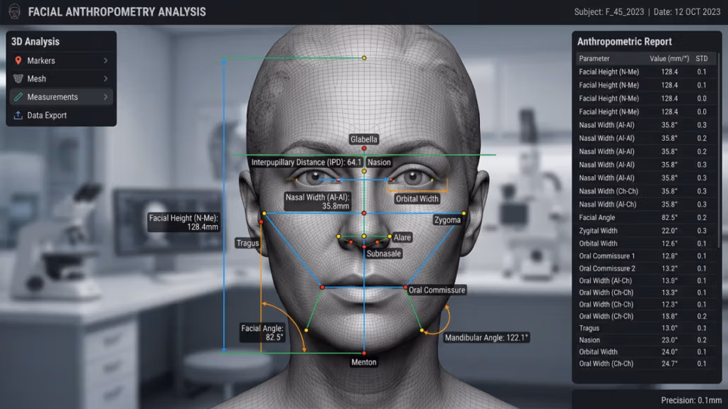 A high-resolution, digital editorial visualization of a facial anthropometry analysis interface. The central focus is a hyper-realistic 3D wireframe model of a female face, rendered with clinical precision. The composition mimics a professional medical or forensic analysis workstation, captured as if by a high-end 85mm macro lens, showcasing extreme detail in the geometric mesh and structural topography. The lighting is cold and clinical, utilizing soft-box diffused studio illumination that highlights the symmetrical proportions of the features. Overlaid on the mesh are precise measurement annotations—such as Interpupillary Distance, Nasal Width, and Mandibular Angle—rendered in clean, sans-serif typography. The skin-toned mesh presents a subtle, translucent luminescence, suggesting high-fidelity digital rendering. The background is a soft-focus, blurred medical laboratory environment in cool, desaturated blue tones, creating a sterile, high-tech, and investigative aesthetic. The UI panels on the left and right feature structured data, reinforcing a theme of scientific rigor and advanced diagnostic technology.
