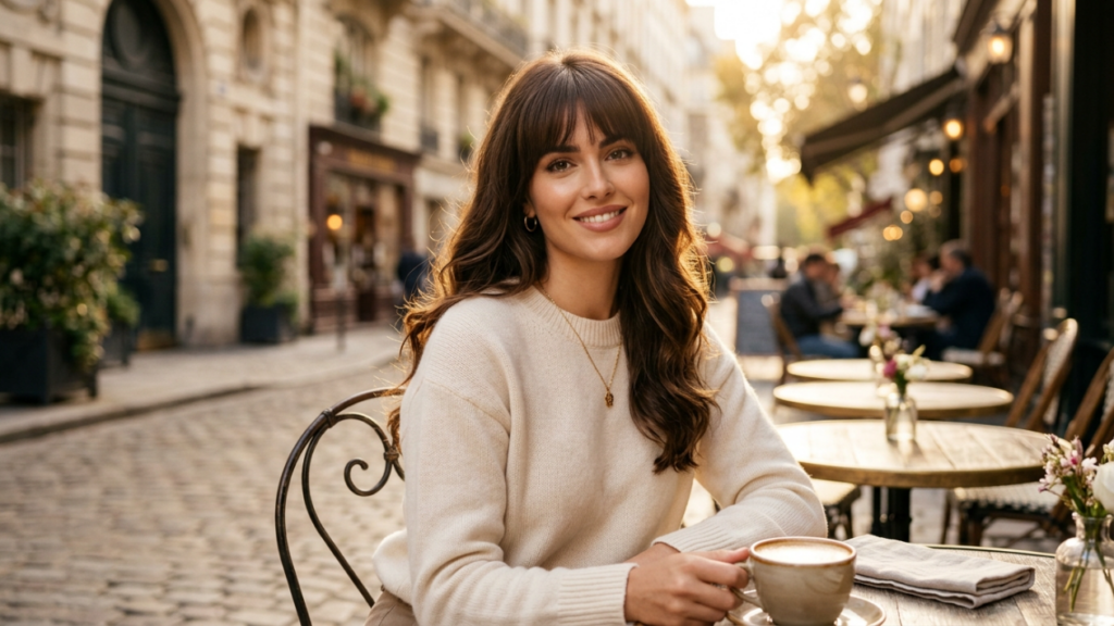 A high-resolution, professional editorial portrait captured with an 85mm prime lens, delivering a shallow depth of field and soft, creamy bokeh. The subject, a woman with warm, glowing skin and loose, voluminous brunette hair, sits at an outdoor Parisian cafe table. The lighting is cinematic, utilizing golden-hour backlighting that creates a soft halo effect around her hair and skin, enhancing her natural complexion. She is wearing a cozy, cream-colored knit sweater. Her posture is relaxed and confident, exuding an inviting, sophisticated demeanor. The composition focuses on her expressive face, with a subtle, natural glow. The background is a beautifully blurred European street scene, rich with cobblestones and warm ambient light, creating an atmosphere of lulled luxury and timeless elegance. The image quality is impeccable, characterized by crisp sharpness on the subject's features and a naturalistic, DSLR aesthetic.