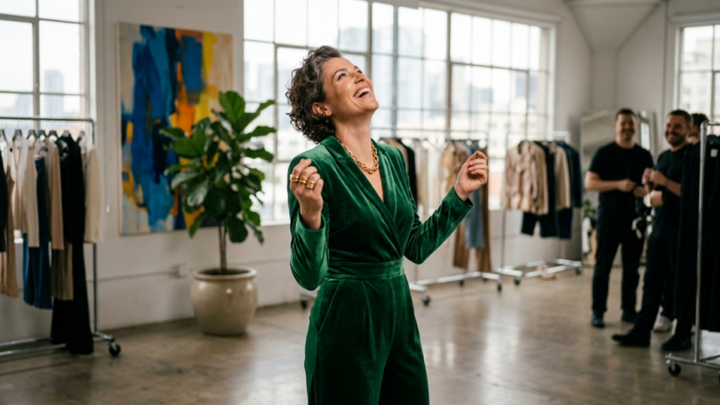 A professional DSLR editorial photograph captured with a 50mm f/1.8 lens, rendering a sharp focus on a laughing woman in a well-lit, industrial loft studio. The subject, a woman with stylish, textured salt-and-pepper hair, radiates joy, her head tilted back, capturing a candid, authentic moment. She wears a tailored, deep emerald green velvet jumpsuit that hugs her frame, accented by a chunky gold chain necklace and matching gold rings that catch the ambient light. The scene is illuminated by natural, soft-diffused light from large floor-to-ceiling studio windows, creating a flattering, gentle highlight across her skin and accentuating the rich, light-absorbing texture of the velvet. The background features a blurred, high-ceilinged atelier with clothing racks, a potted fiddle-leaf fig, and an abstract colorful canvas, evoking a sophisticated, creative fashion-industry atmosphere. The image quality is crisp, mimicking high-end 4K commercial photography with a shallow depth of field that keeps the subject as the definitive focal point while the background crew remains softly out of focus.
